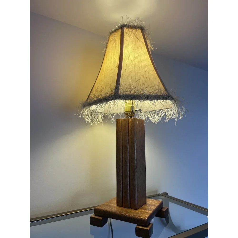 Vintage Wooden Table Lamp with Fabric Shade and Fringe Trim Mid Century Style